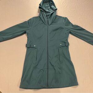 OAKLEY Womens Trench Coat Jacket Teal Knee Length Hood Full Zip Large Pre-owned